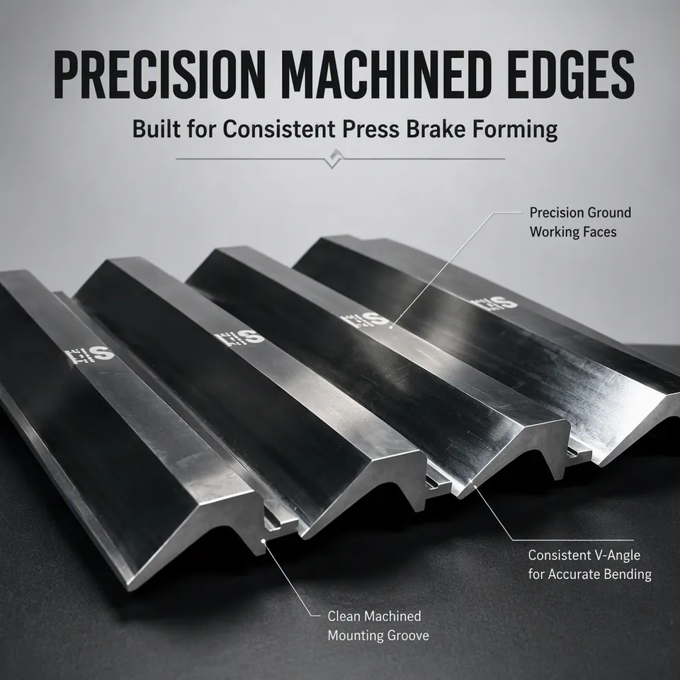 Press brake die with precision-machined shoulders and V faces