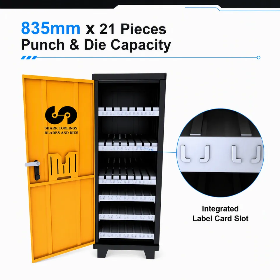Tooling cabinet holding 835 mm tooling in 21 labelled positions